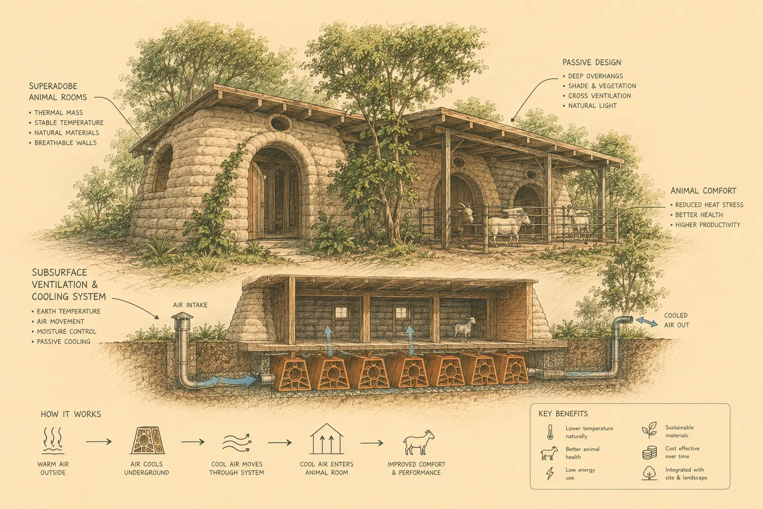Subsurface ventilation and superadobe animal room prototype